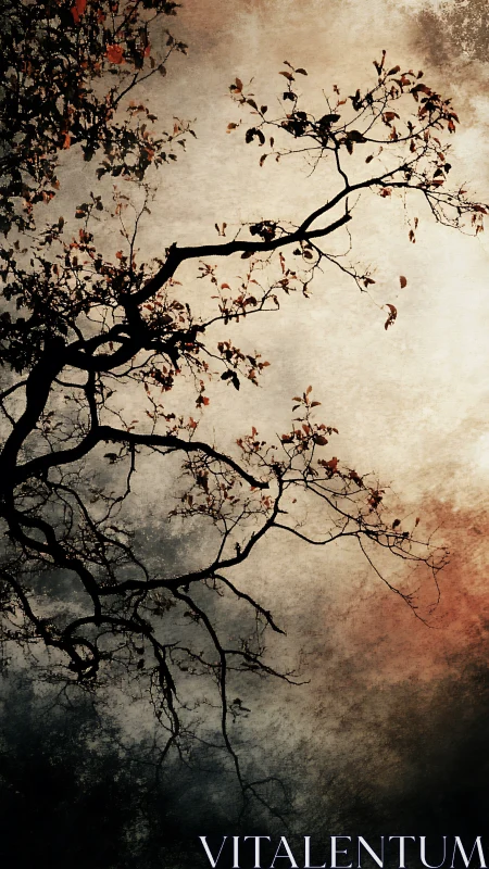 Tree branch silhouette crosses textured dusk sky background