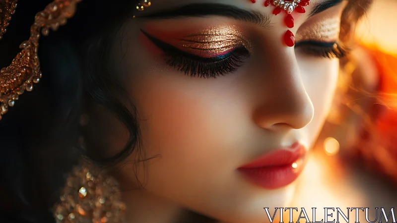Close-up digital portrait with jeweled bridal adornments and bokeh