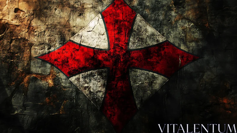 Weathered red cross emblem on cracked stone wall surface.