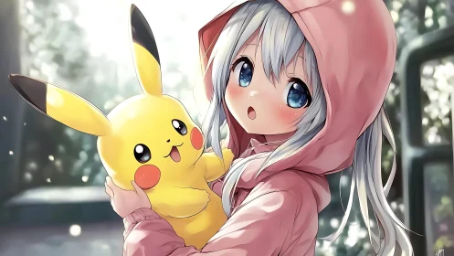 Gentlehearted girl in pink hoodie cuddles cheerful Pikachu toy