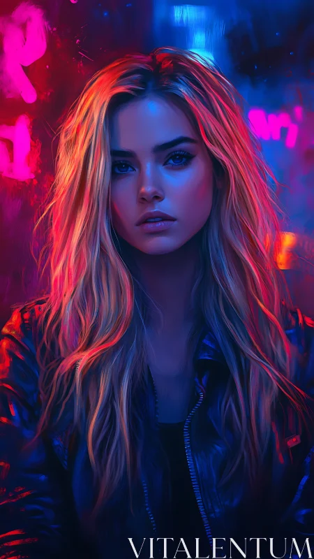 Neon street portrait reveals cool intensity and glow contrast.