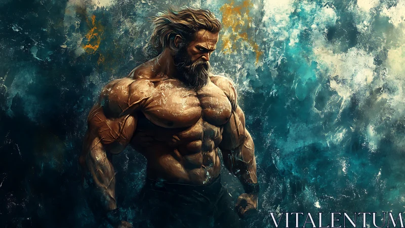 Muscular bearded warrior stands against stormy abstract sky.