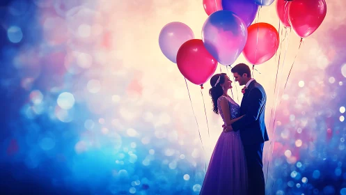 Couple with Balloons Against Blue-Pink Gradient Background