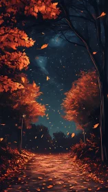 Starlit autumn path where drifting leaves meet nightfall.
