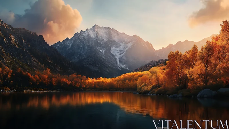 Sunlit autumn forest crowns a tranquil, glassy mountain lake