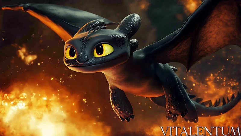 Playful black dragon soaring through a fiery golden sky.
