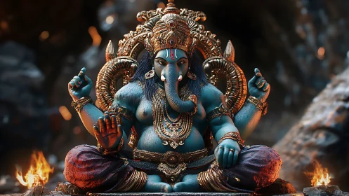3D blue elephant-headed deity in ornate seated meditation pose