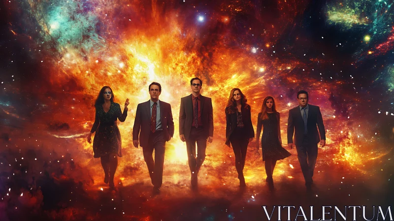 Confident professionals stride forward through a blazing cosmos