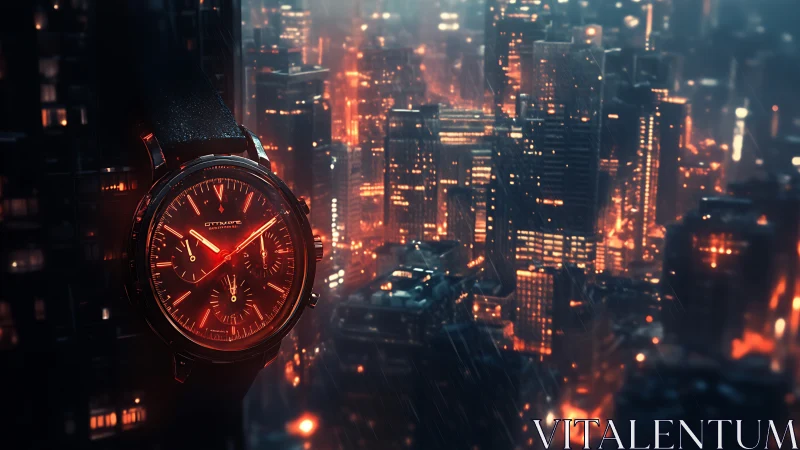 Chronograph wristwatch against illuminated rainy cityscape.