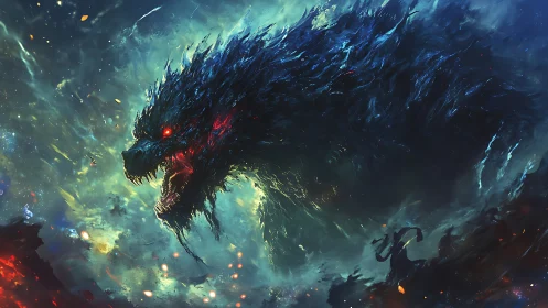 Cosmic kaiju silhouette erupts through luminous nebula storm.