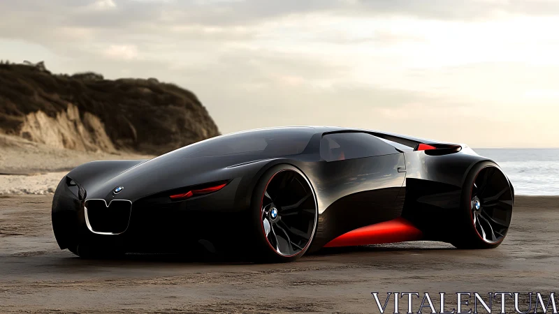 Black BMW concept supercar on coastal beach at sunset.
