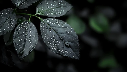 Macro optical study of rain droplets on dark foliated leaves.
