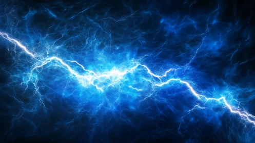 Electric blue lightning river glowing across dark sky.