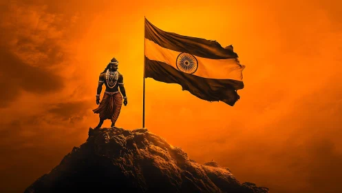 Heroic figure and Indian flag glowing in a golden sky.