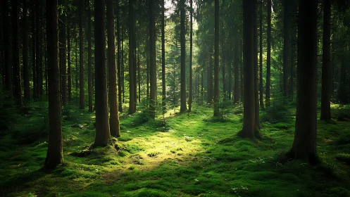 Sunlit mossy forest with tall trees in tranquil natural setting.