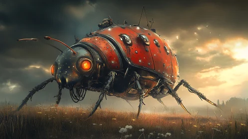Autonomous aerospace ladybug mech in dusk field deployment.