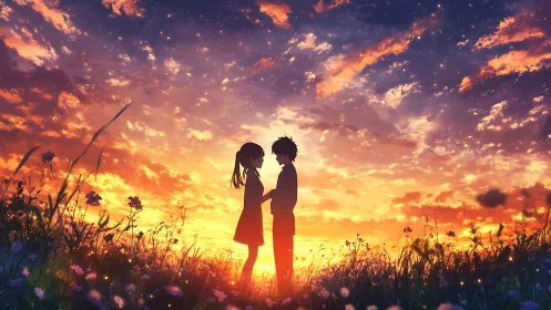 Silhouetted couple in glowing sunset meadow sky composition.