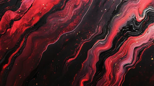 Crimson rivers of paint drifting through midnight black.