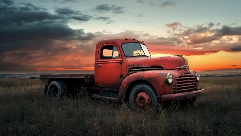 Old red farm truck parked in tall grass at sunset.