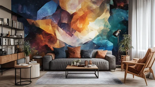 Abstract galaxy mural transforms cozy modern living room.