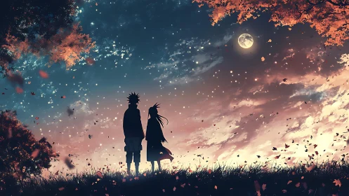 Silhouetted figures stand beneath a starry dusk sky with moon