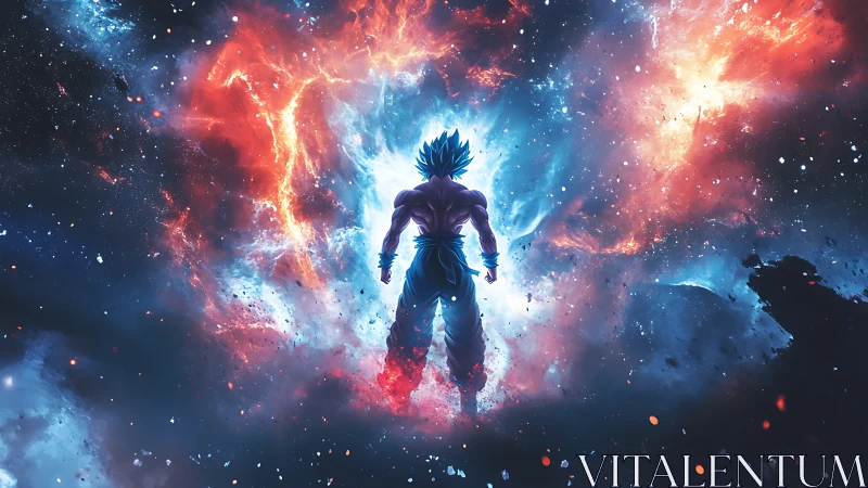 Celestial energy warrior framed by bipolar nebula explosion