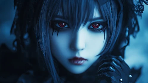 Gothic anime girl with red glowing eyes in blue light.