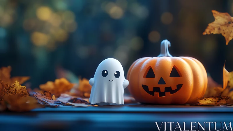Cute ghost and glowing jack-o&rsquo;-lantern share a cozy night.