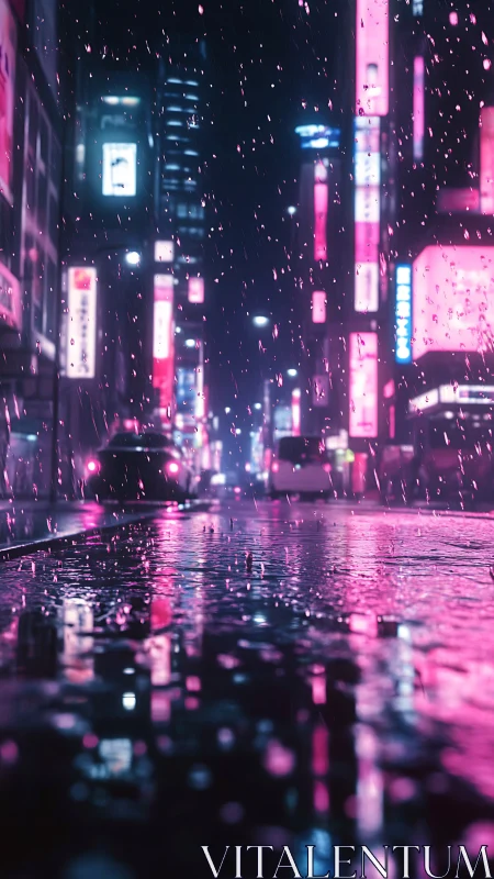 Rain falls on neon-lit urban street with reflective roadway