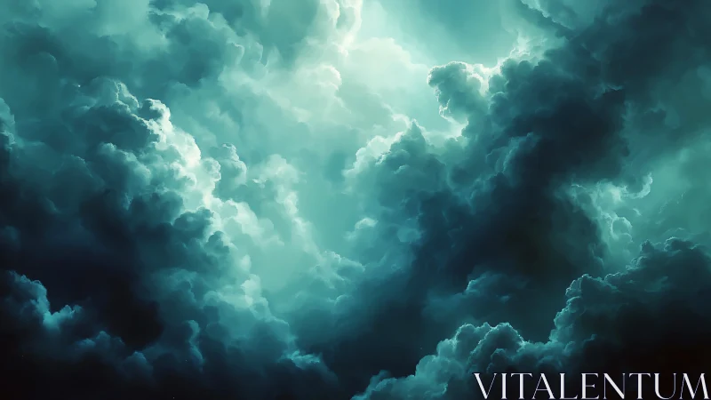 Storm-lit turquoise clouds churn in a dramatic skyscape.