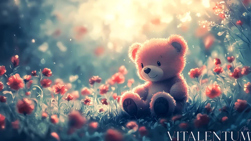 Plush teddy bear rests in glowing flower meadow at dusk