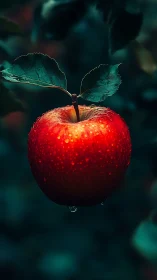 Single red apple with water droplets is shown in close-up