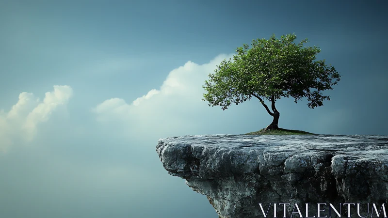 Lone tree on rocky cliff edge against dreamy sky, surreal style.