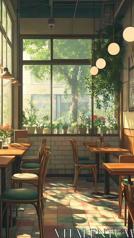 Sunlit urban café glows in quiet morning greenery hush.