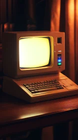 Retro desktop terminal under warm cinematic side lighting.