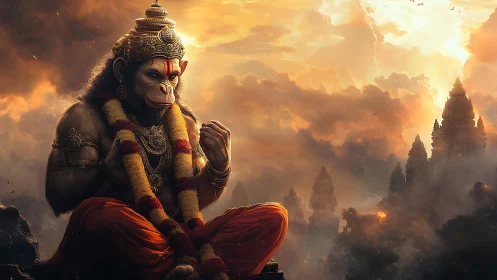 Mythic monkey deity figure before distant temple complex.