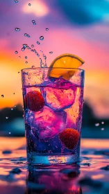 Vibrant Tropical Beverage with Citrus Garnish and Kinetic Water Splash.