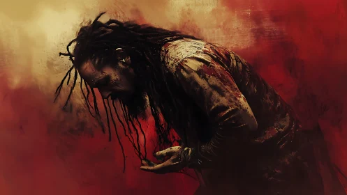 Digital painting of blood-soaked figure in anguished bowing pose.