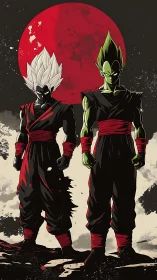 Dual anime warriors under crimson moonlit sky.