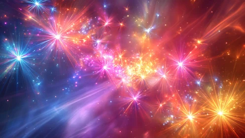 Colorful abstract starburst lights in deep cosmic space.