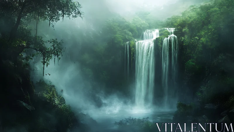 Dense rainforest waterfall descends into misty shaded pool