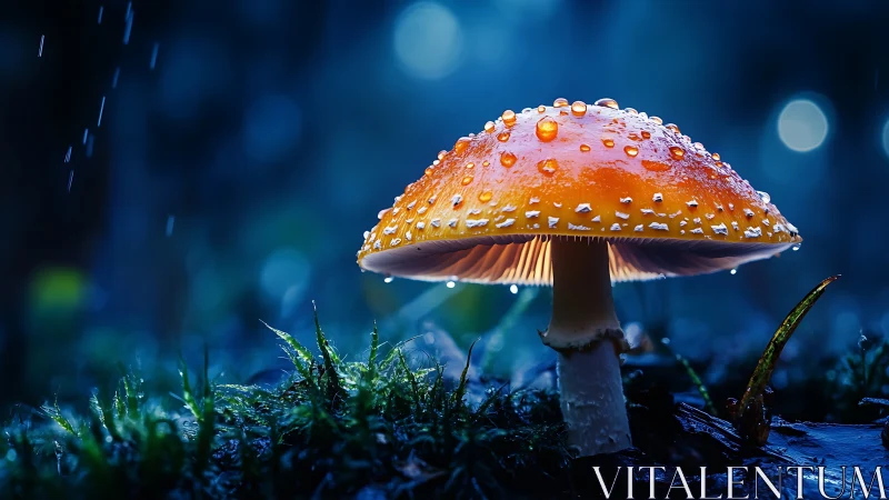 Glowing amanita mushroom gleams under a moody forest rain