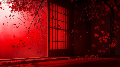 Radiant vermilion shoji portal with turbulent maple foliage.