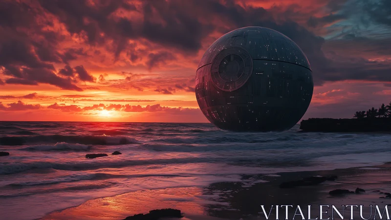 Metallic spherical structure hovers above vivid ocean sunset