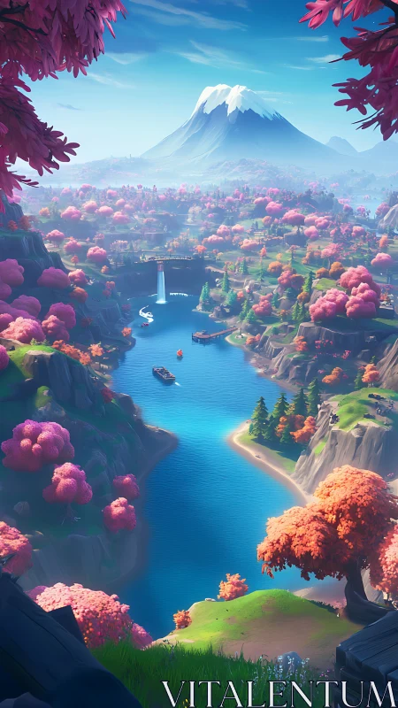 Blossom filled valley cradles a bright blue river and calm peak