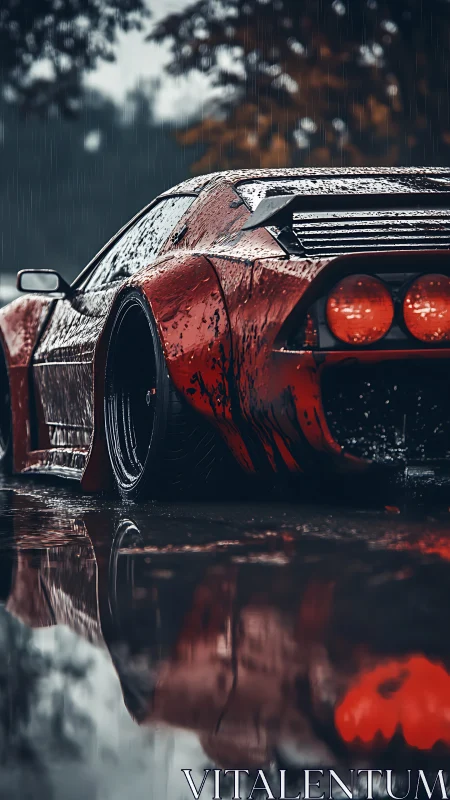 Rain-soaked red supercar reflects on wet pavement at dusk.