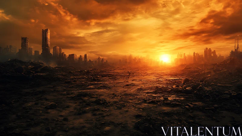 Ruined city skyline surrounds scorched urban wasteland at sunset
