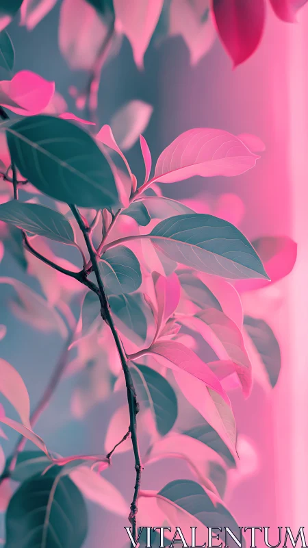 High-contrast plant leaves under pink cyan bicolor lighting