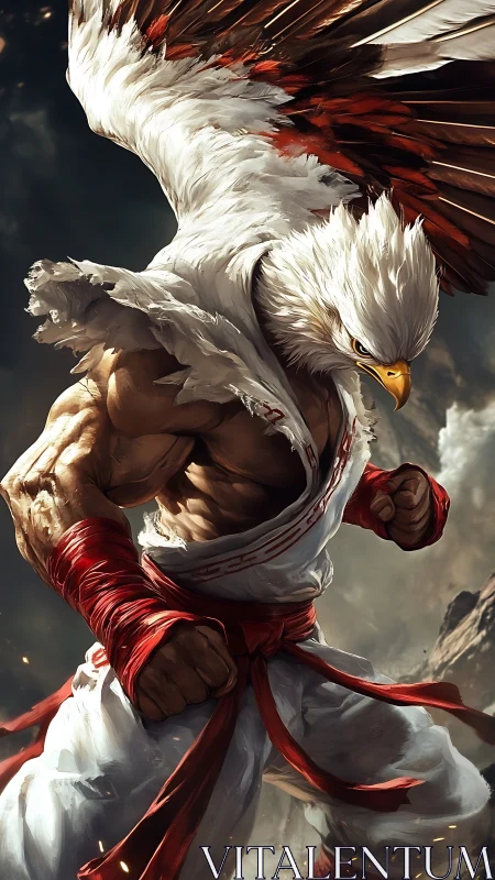 Dynamic eagle-warrior hybrid in high-impact digital painting.