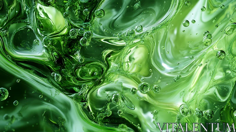 Luminous green liquid swirls with floating sparkling bubbles.